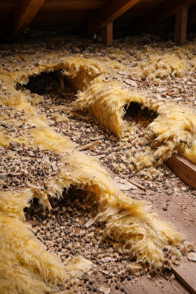 ハクビシンやネズミによって断熱材が食い破られ、糞尿で汚染された屋根裏の被害状況