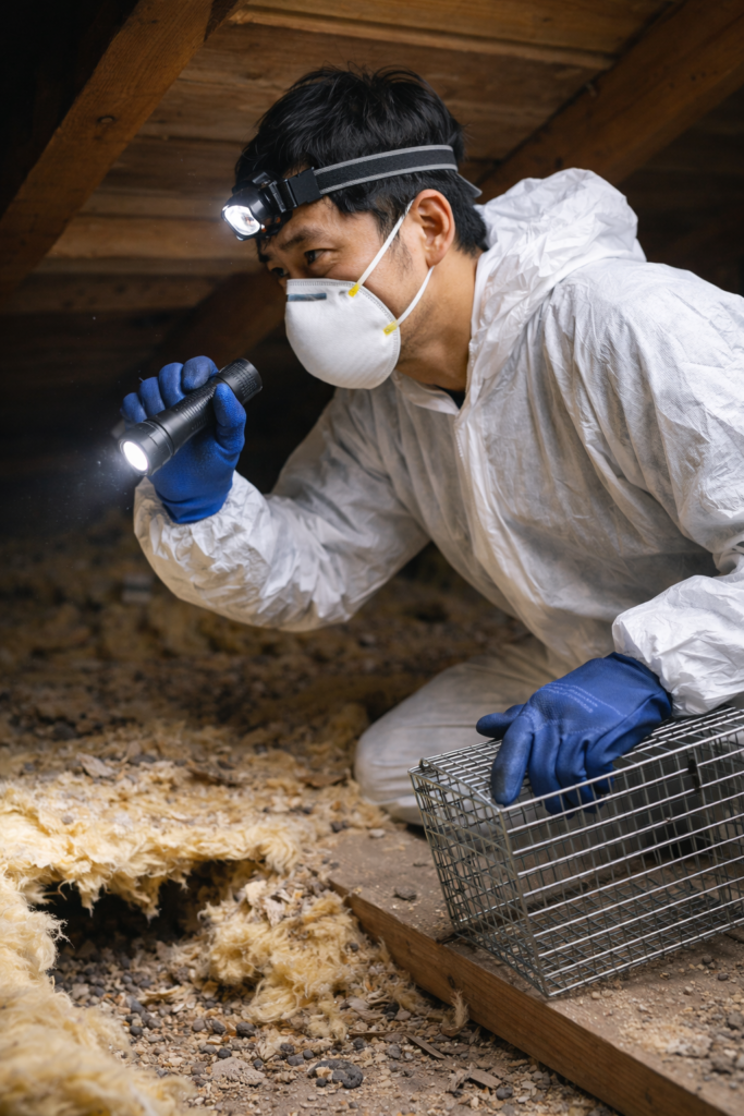 屋根裏の断熱材がハクビシンやネズミに食い破られ、周囲に大量のフンが散乱している深刻な被害状況