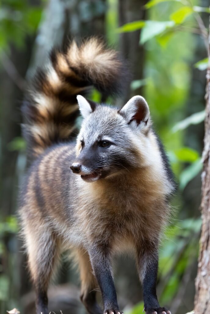 森の中に佇むハクビシン。特徴的な縞模様の尻尾と顔の白線がはっきりと見える様子