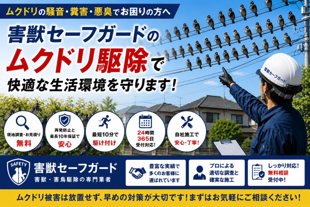 電線や街路樹に集まるムクドリ被害に対応する害獣セーフガードのムクドリ駆除サービスのイメージ画像