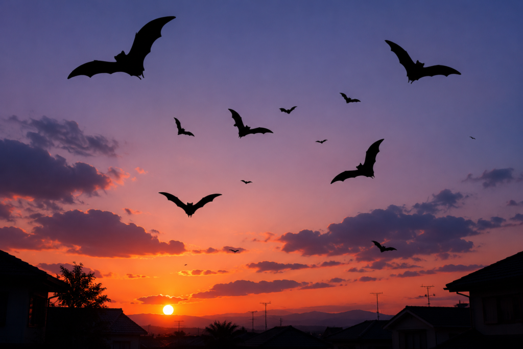 夕暮れの空を飛ぶコウモリのシルエットのイメージ画像
