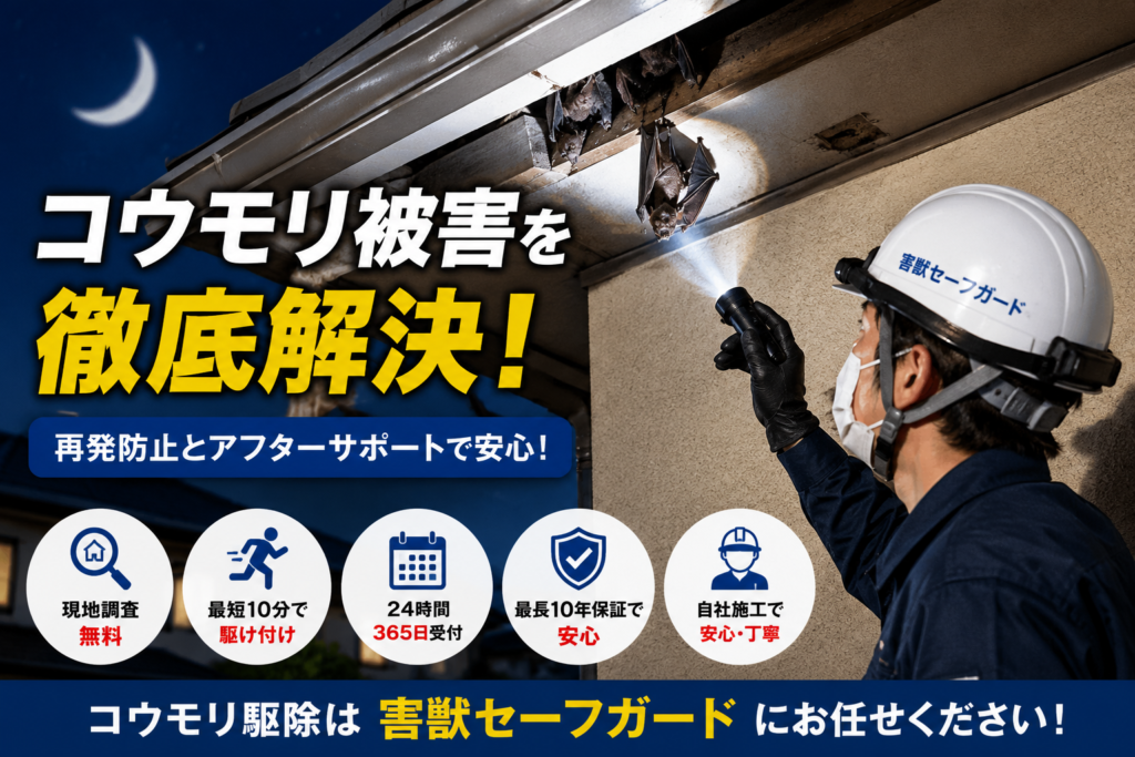 屋根裏や軒下に住み着いたコウモリを調査する害獣セーフガードのスタッフのイメージ画像