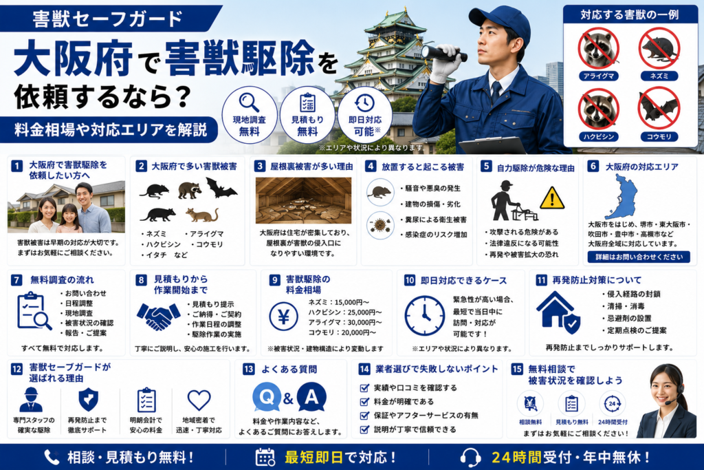 害獣セーフガードの大阪府対応エリアや害獣駆除サービスを紹介するイメージ画像