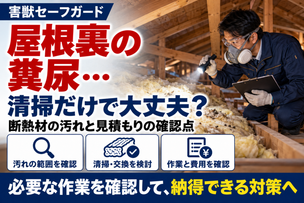 屋根裏の糞尿汚れと断熱材の状態を、防護具を着けた作業員が確認するイメージ