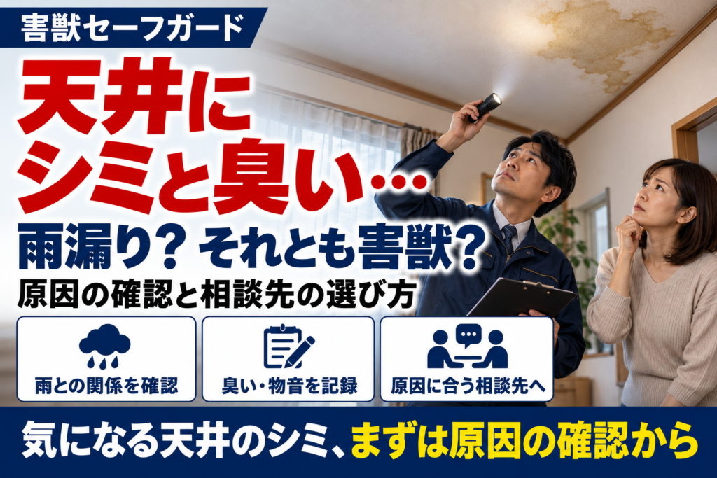 天井のシミを心配する住人と、ライトで状態を確認する作業員のイメージ
