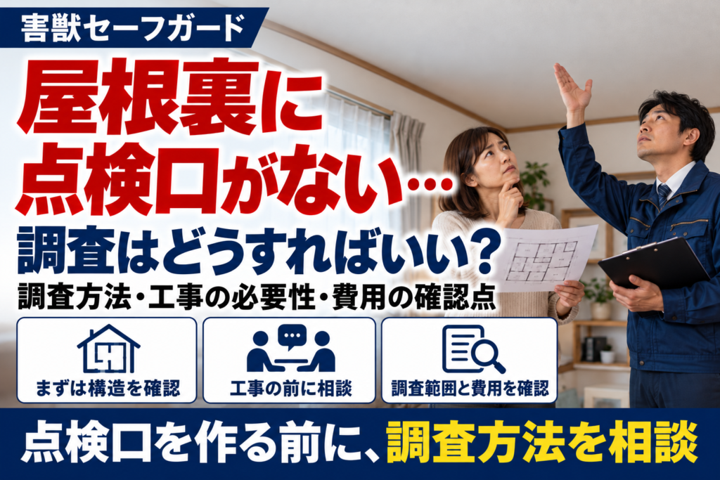 点検口のない天井を見上げ、住人と作業員が図面をもとに調査方法を相談するイメージ