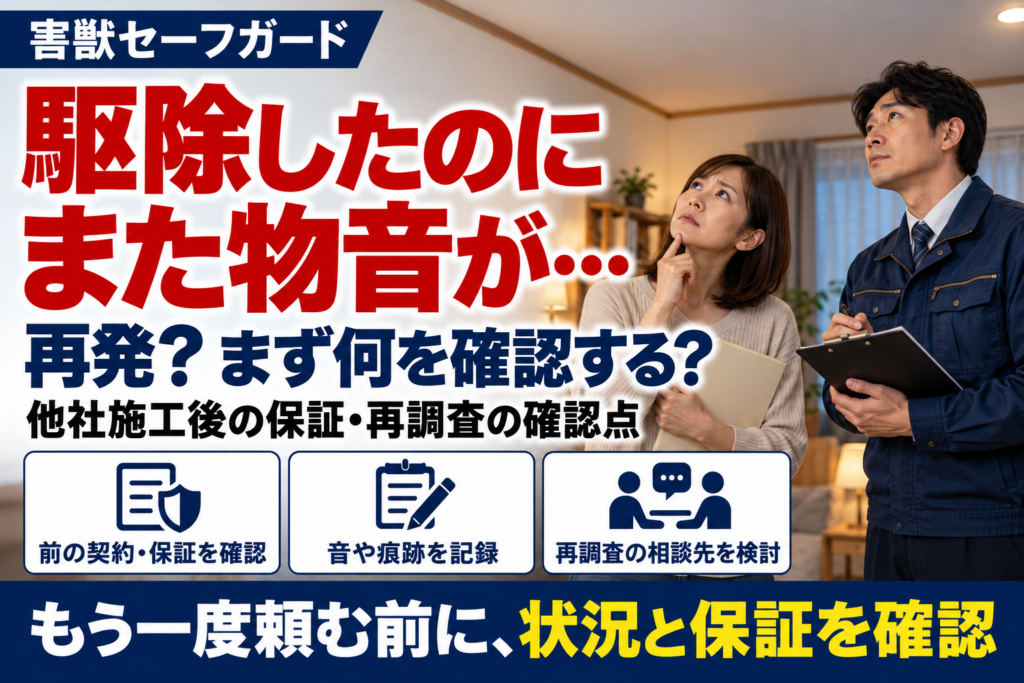 他社の駆除後に再び物音がして、住人と作業員が天井の様子を確認するイメージ
