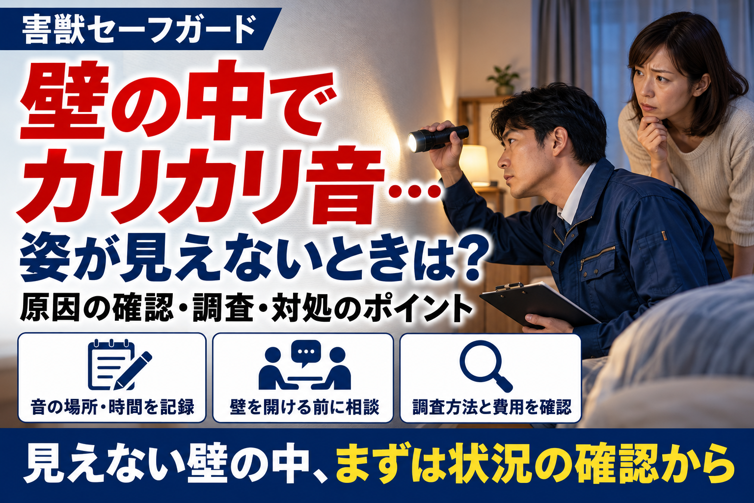 壁の中のカリカリ音に困る住人と、壁の状態を確認する作業員のイメージ